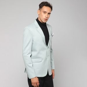 Men Blue Knitted Formal Check Casual Blazer - Image 3