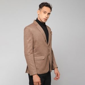 Men Brown Knitted Formal Check Casual Blazer - Image 3