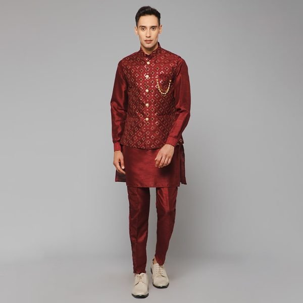 Traditional Silk Men's Kurta Jacket Set Indian Mehndi Ethnic Wedding (Maroon)