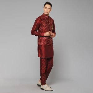 Traditional Silk Men's Kurta Jacket Set Indian Mehndi Ethnic Wedding (Maroon) - Image 2