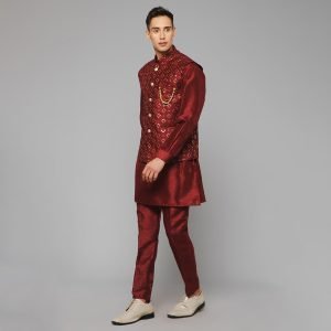 Traditional Silk Men's Kurta Jacket Set Indian Mehndi Ethnic Wedding (Maroon) - Image 3