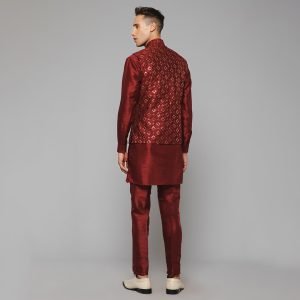 Traditional Silk Men's Kurta Jacket Set Indian Mehndi Ethnic Wedding (Maroon) - Image 4