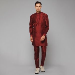 Traditional Silk Men's Kurta Jacket Set Indian Mehndi Ethnic Wedding (Maroon) - Image 5