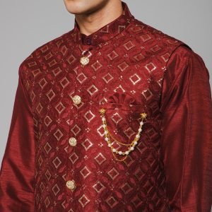 Traditional Silk Men's Kurta Jacket Set Indian Mehndi Ethnic Wedding (Maroon) - Image 6